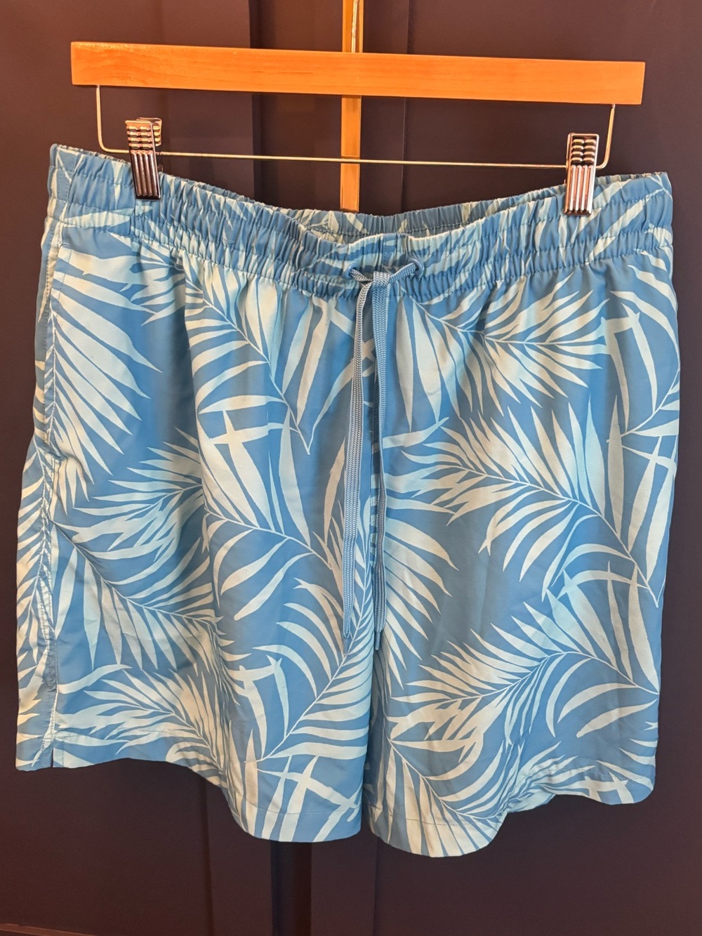 Caribbean Joe Blue and White Palm-Print Swim Trunks